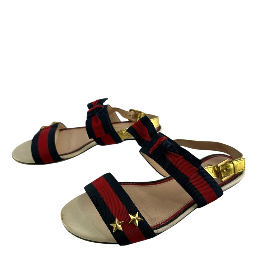 Gucci Red Blue Leather And Canvas Web Trim Slingback Sandals Size 36.5 6.5